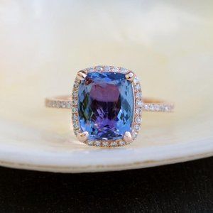 3.63CT AA Tanzanite Cushion Cut Diamond Ring Gold